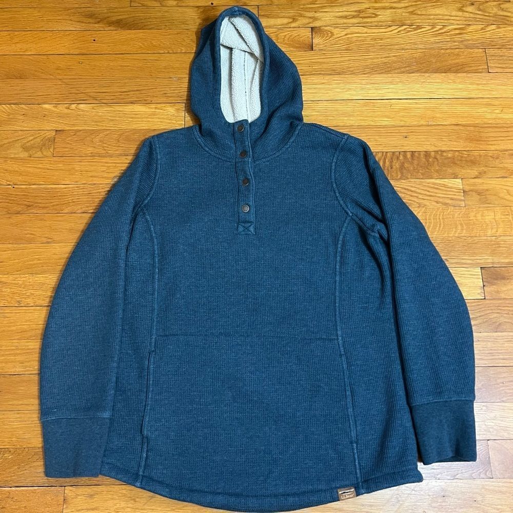 L.L. Bean Katahdin Iron Works Fleece-Backed Waffle Pullover Blue Women's Medium
